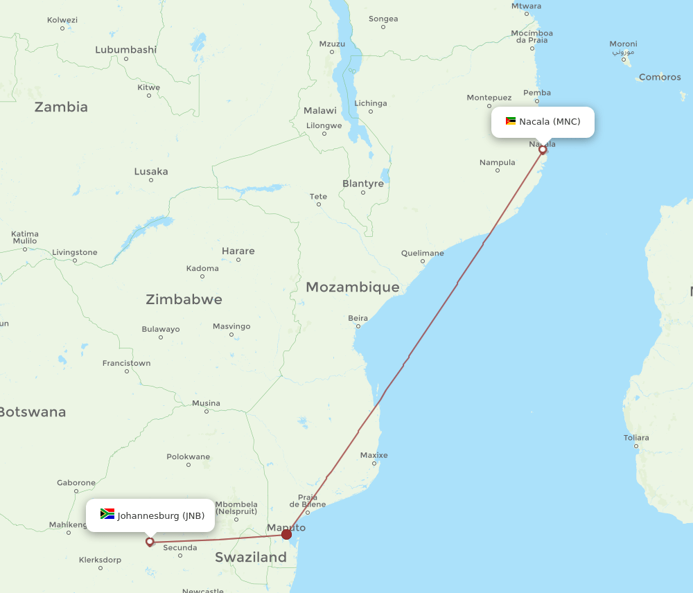 JNB-MNC flight routes