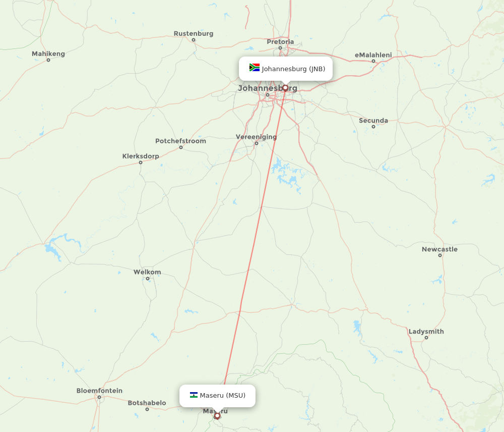 Johannesburg - Maseru route map and flight paths