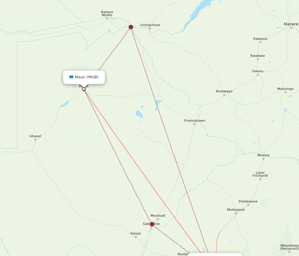 JNB to MUB flights and routes map