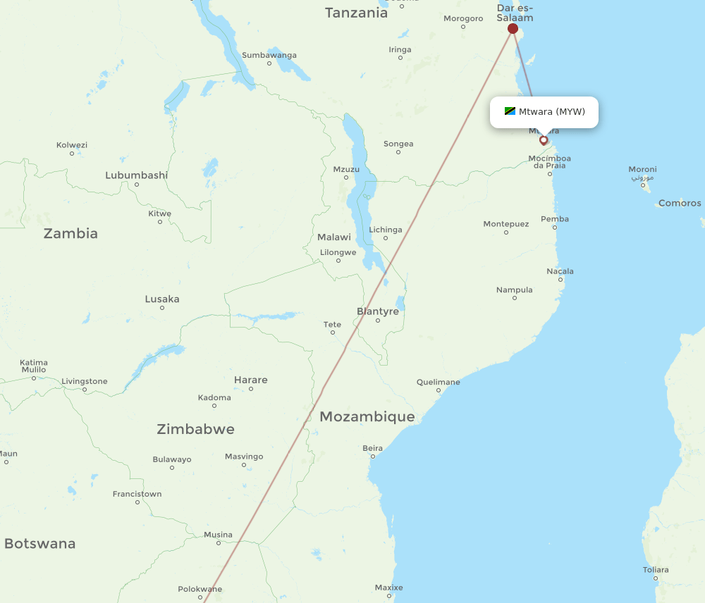 Mtwara - Johannesburg route map and flight paths