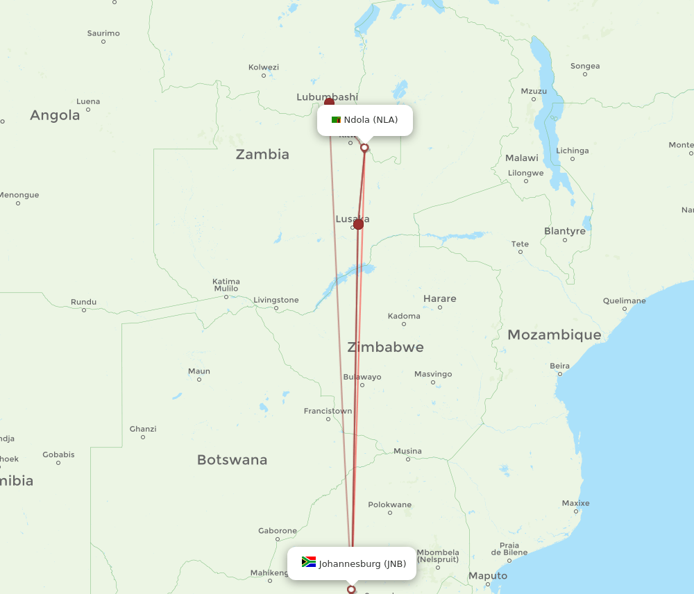 JNB to NLA flights and routes map