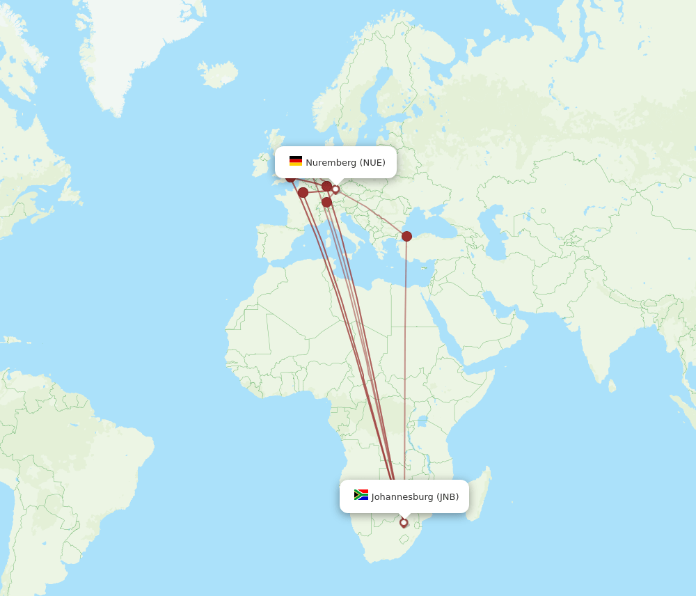 JNB to NUE flights and routes map