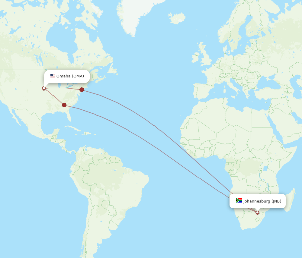 JNB to OMA flights and routes map