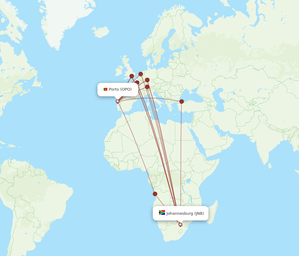 JNB to OPO flights and routes map