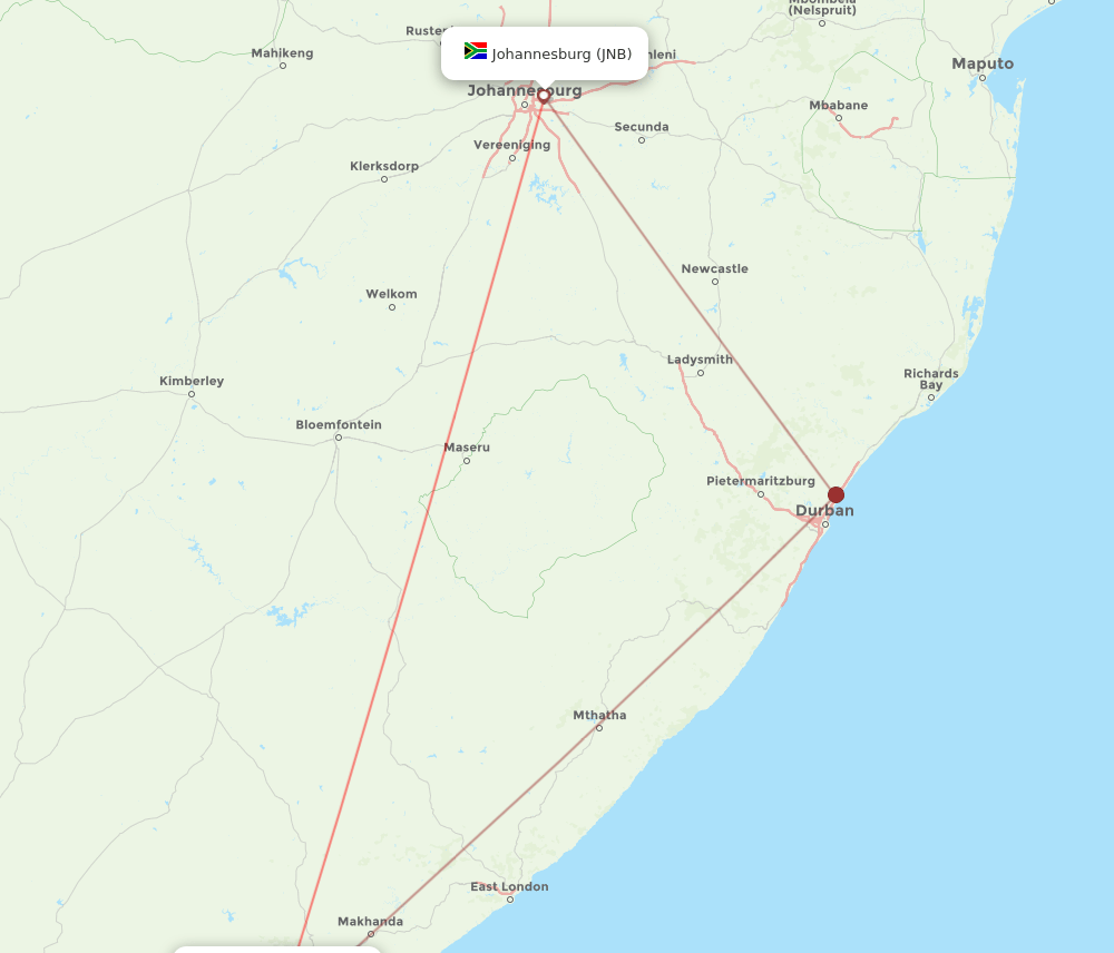 JNB to PLZ flights and routes map