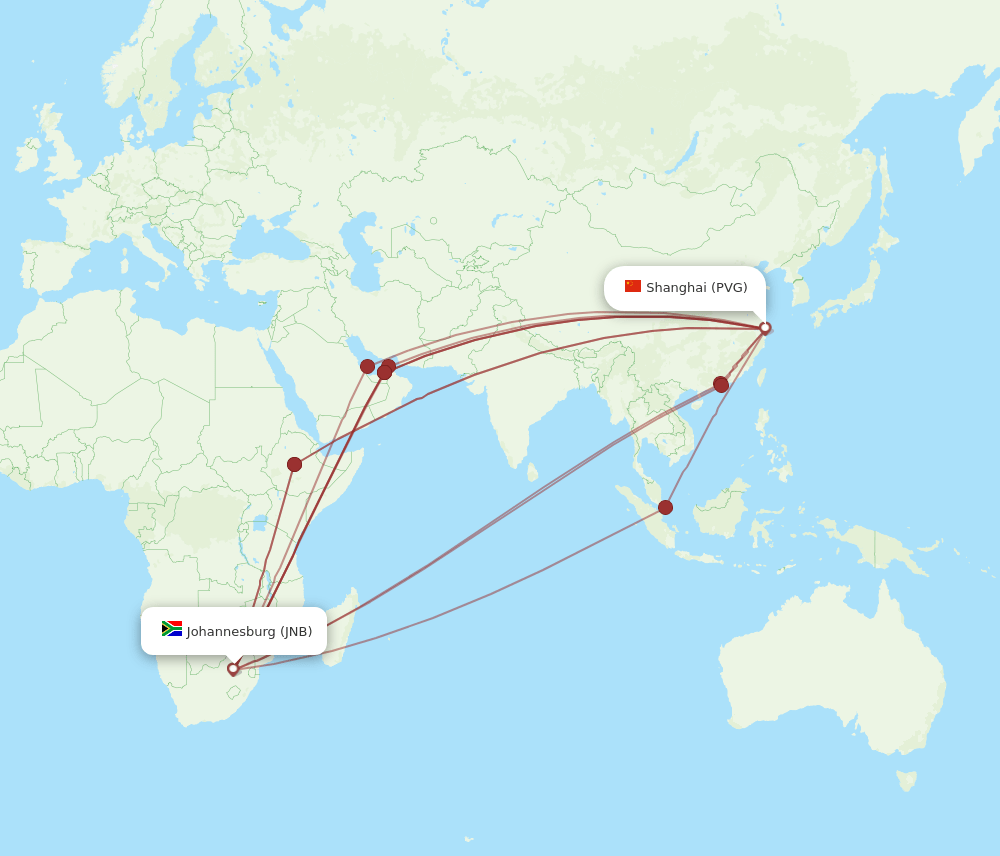 JNB to PVG flights and routes map