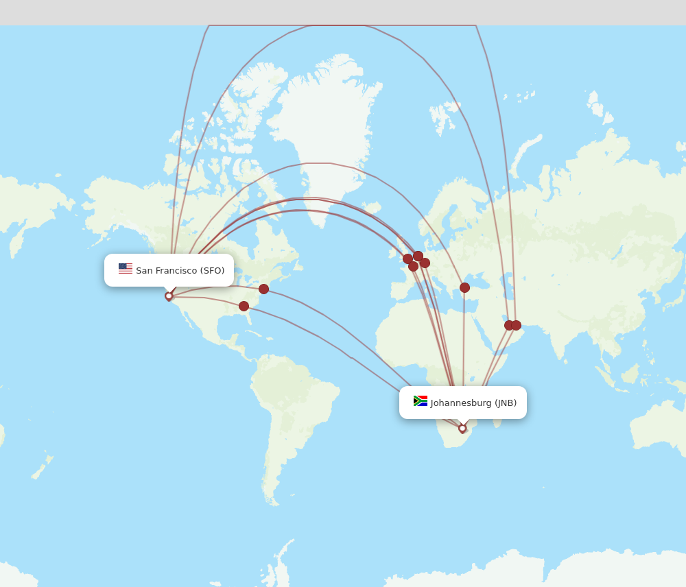 JNB to SFO flights and routes map
