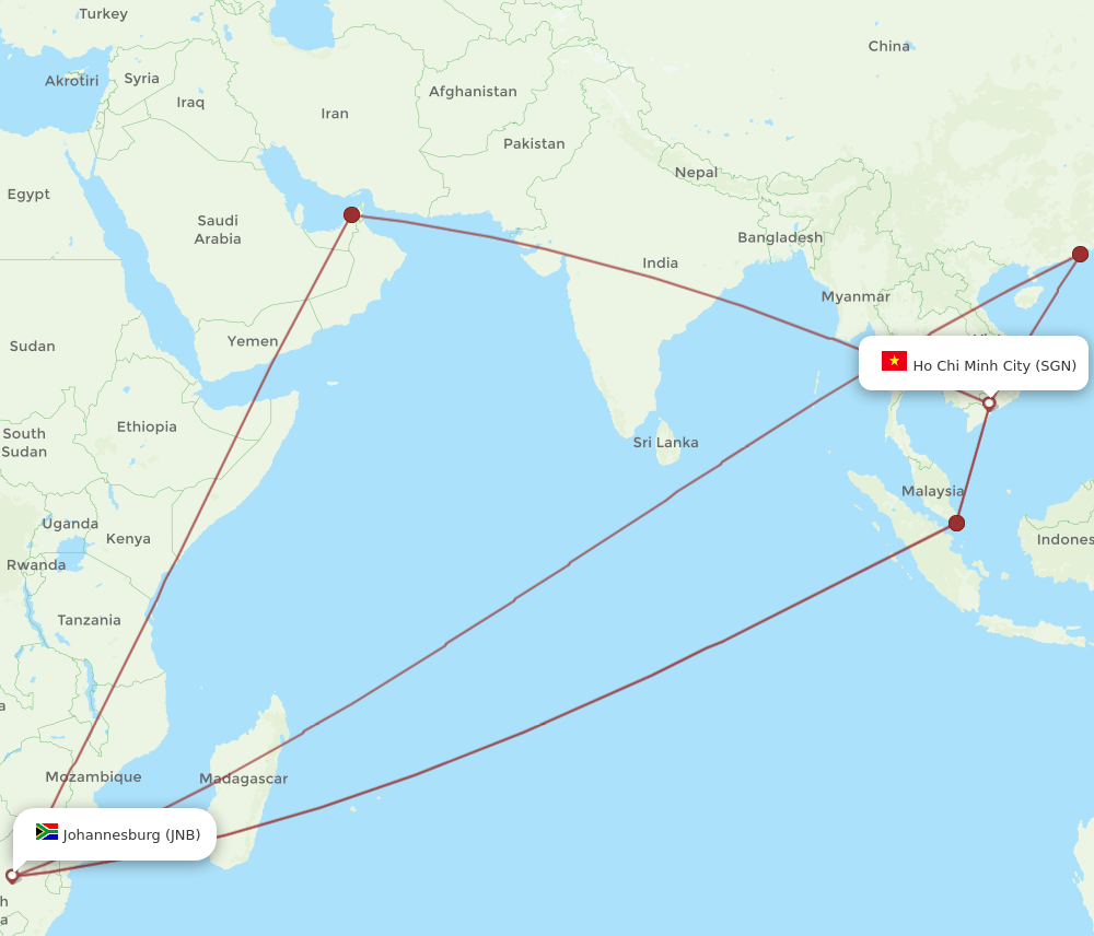 JNB to SGN flights and routes map