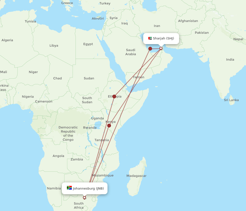 JNB-SHJ flight routes