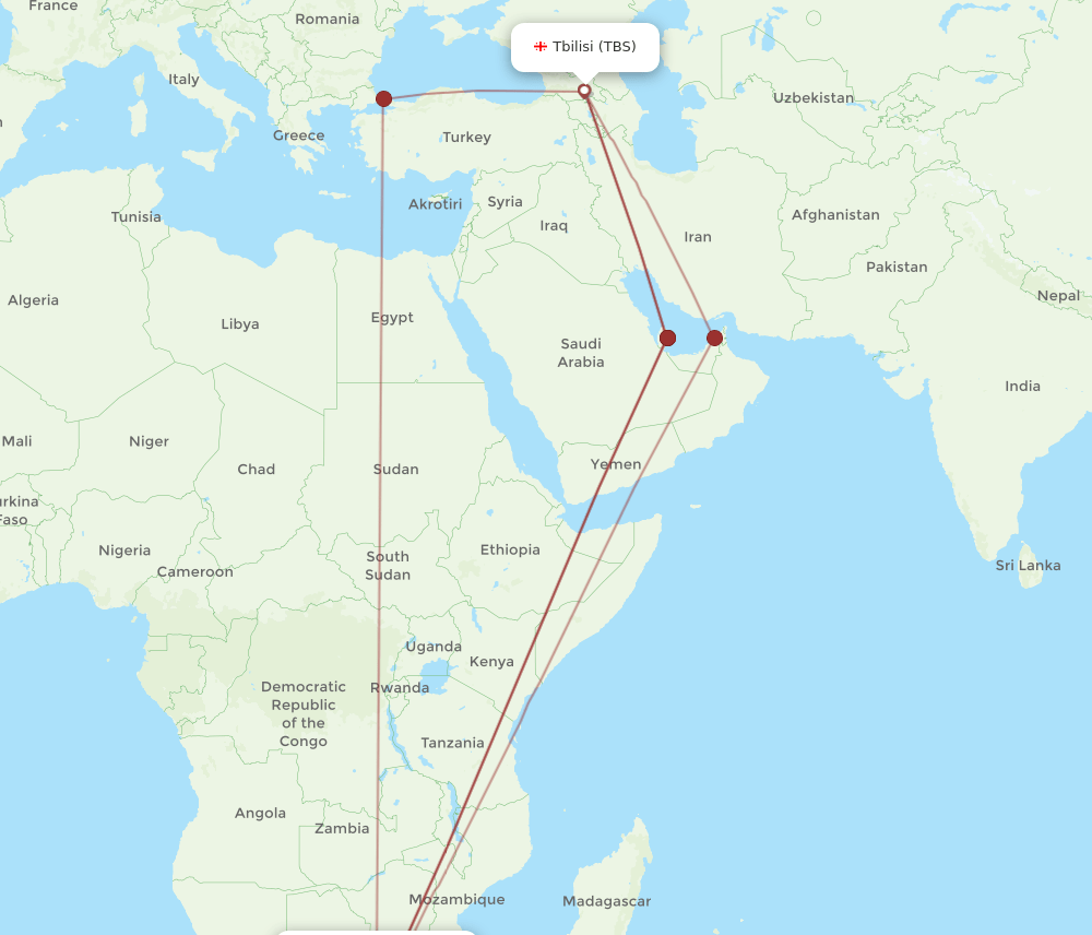 JNB to TBS flights and routes map