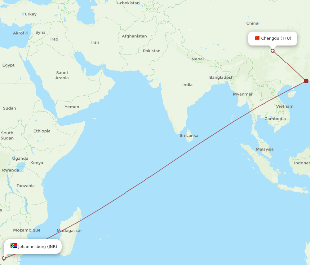Chengdu - Johannesburg route map and flight paths