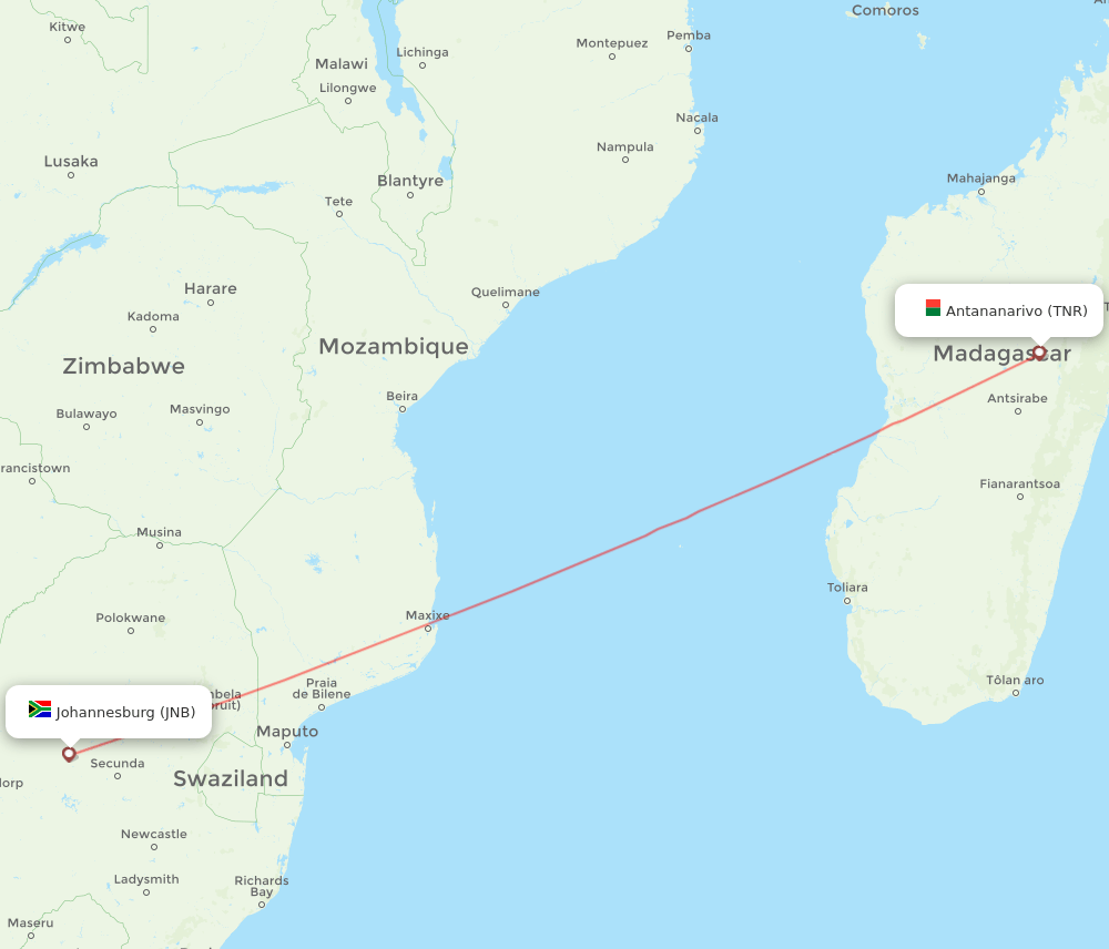 JNB to TNR flights and routes map
