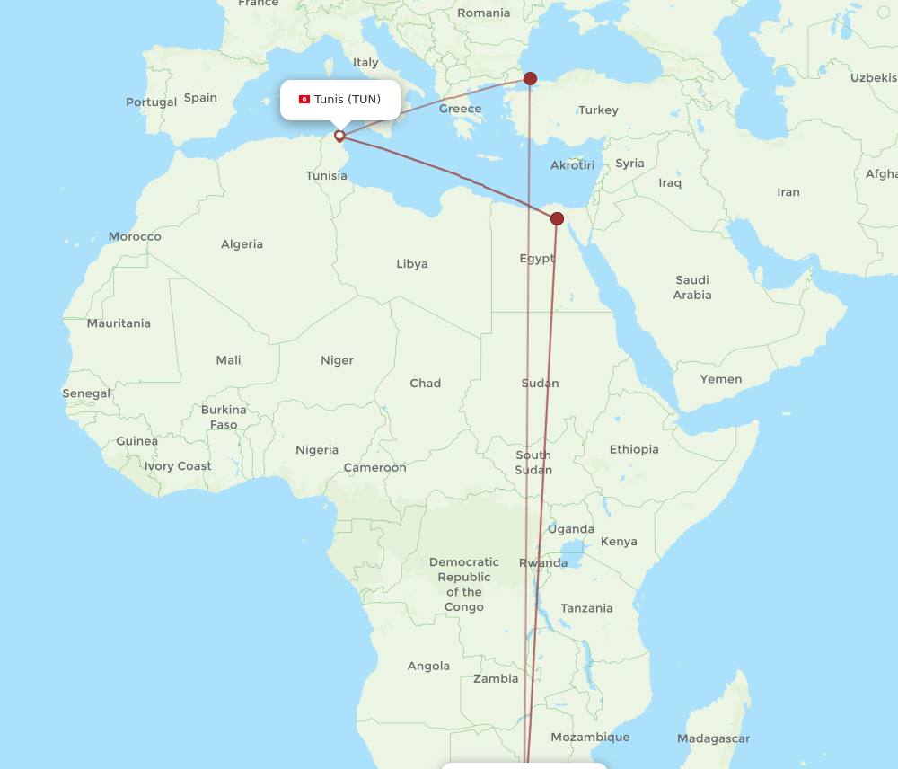 JNB-TUN flight routes