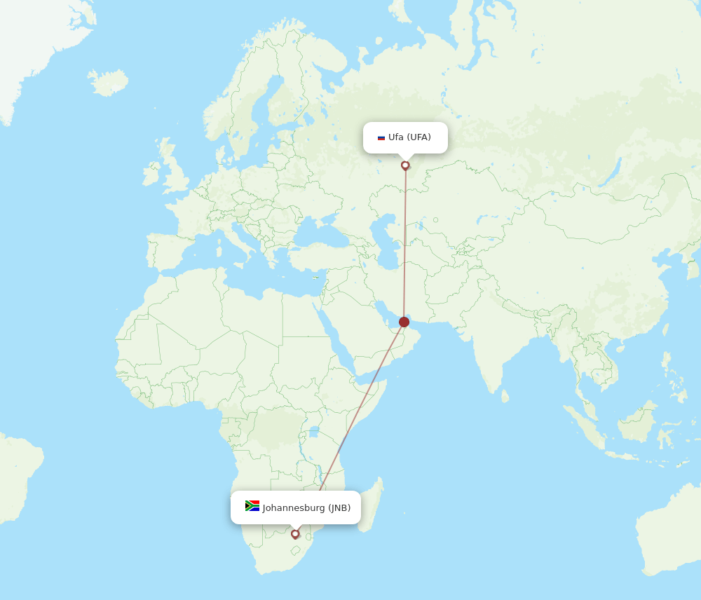 Johannesburg - Ufa route map and flight paths