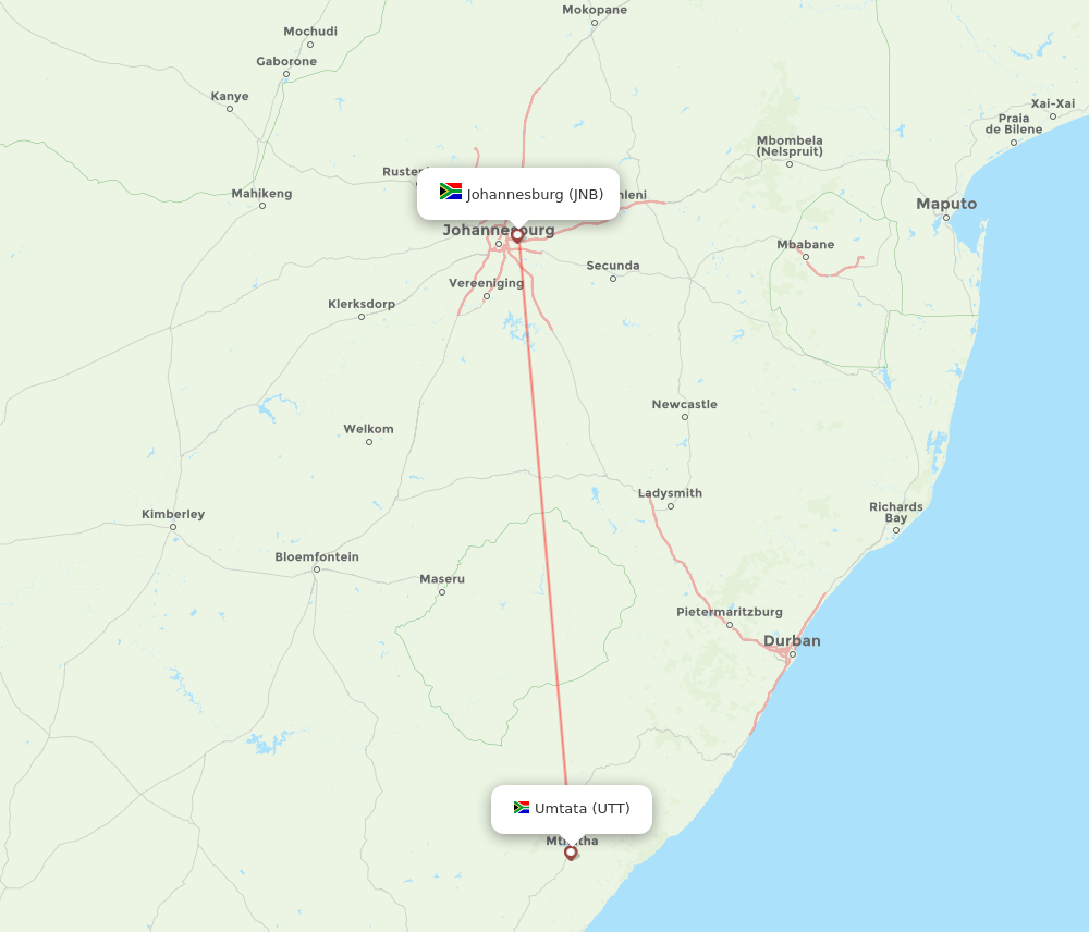 Johannesburg - Umtata route map and flight paths