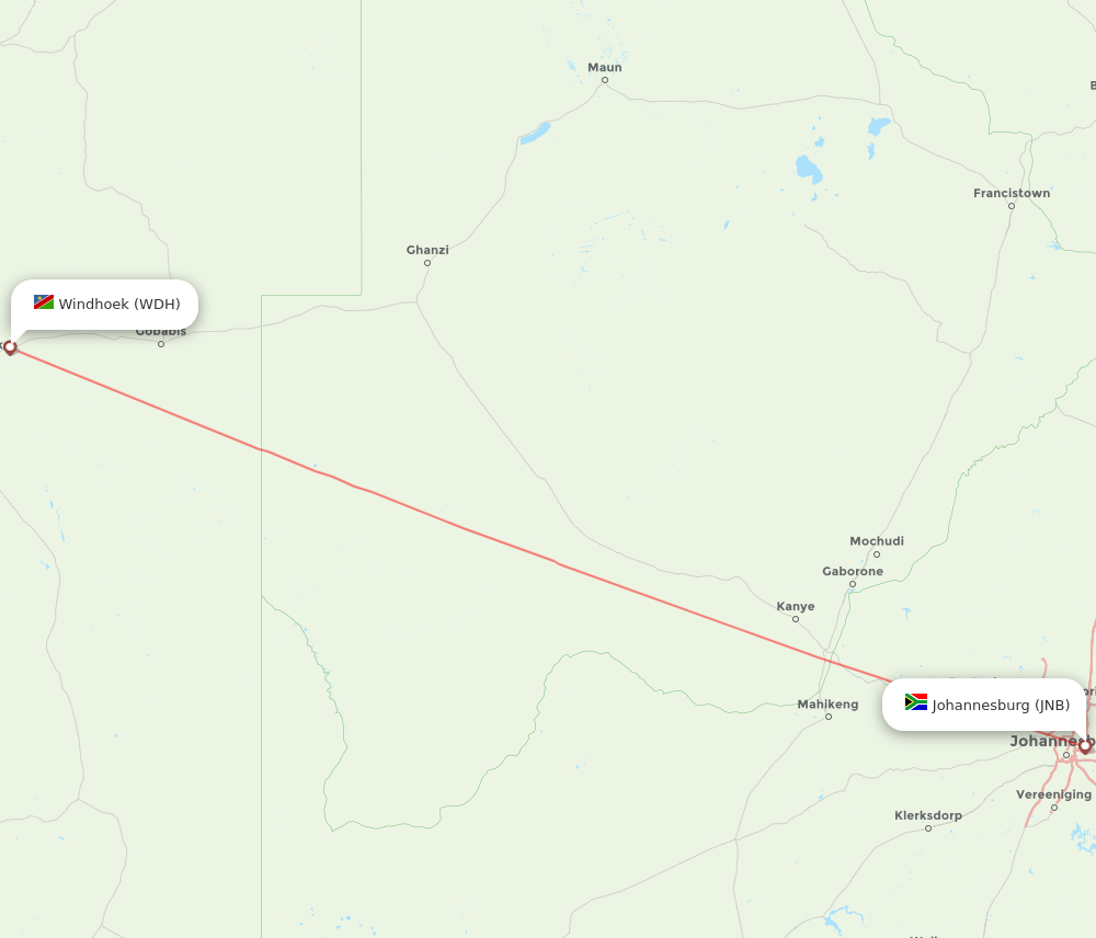 JNB to WDH flights and routes map