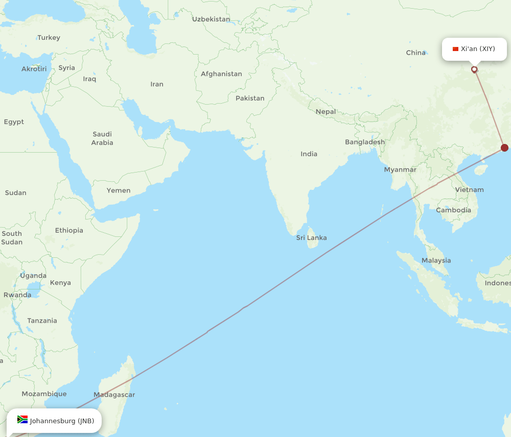 Xian - Johannesburg route map and flight paths