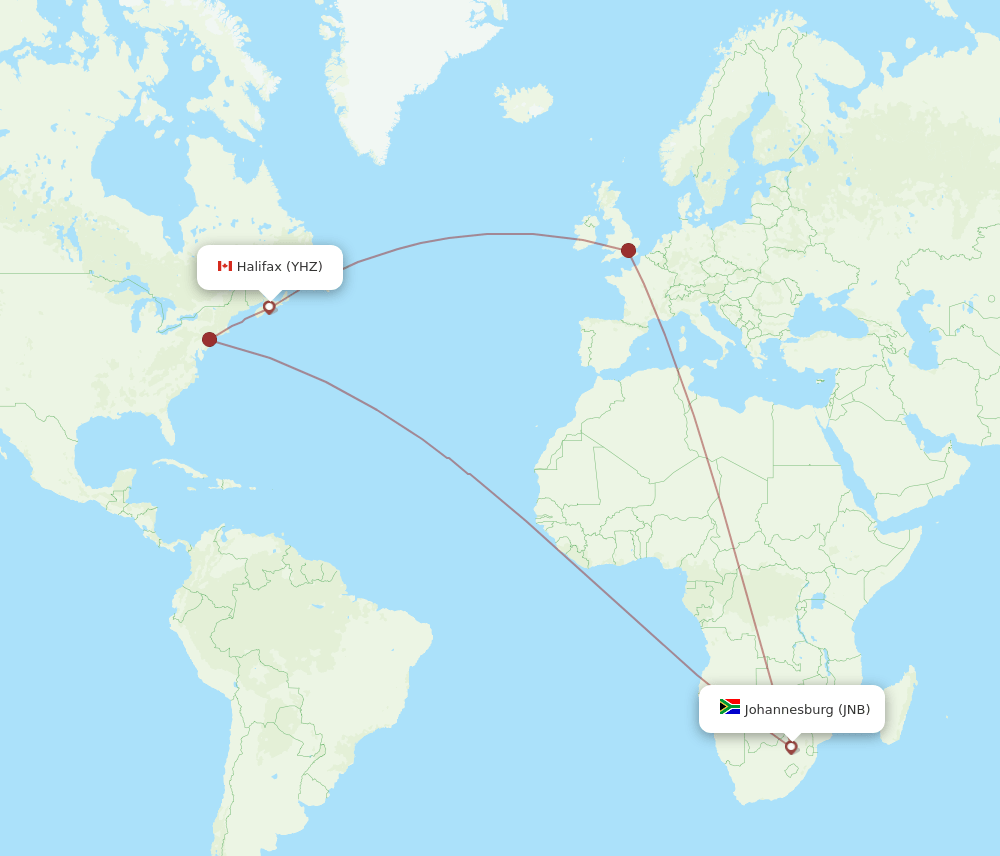 JNB to YHZ flights and routes map
