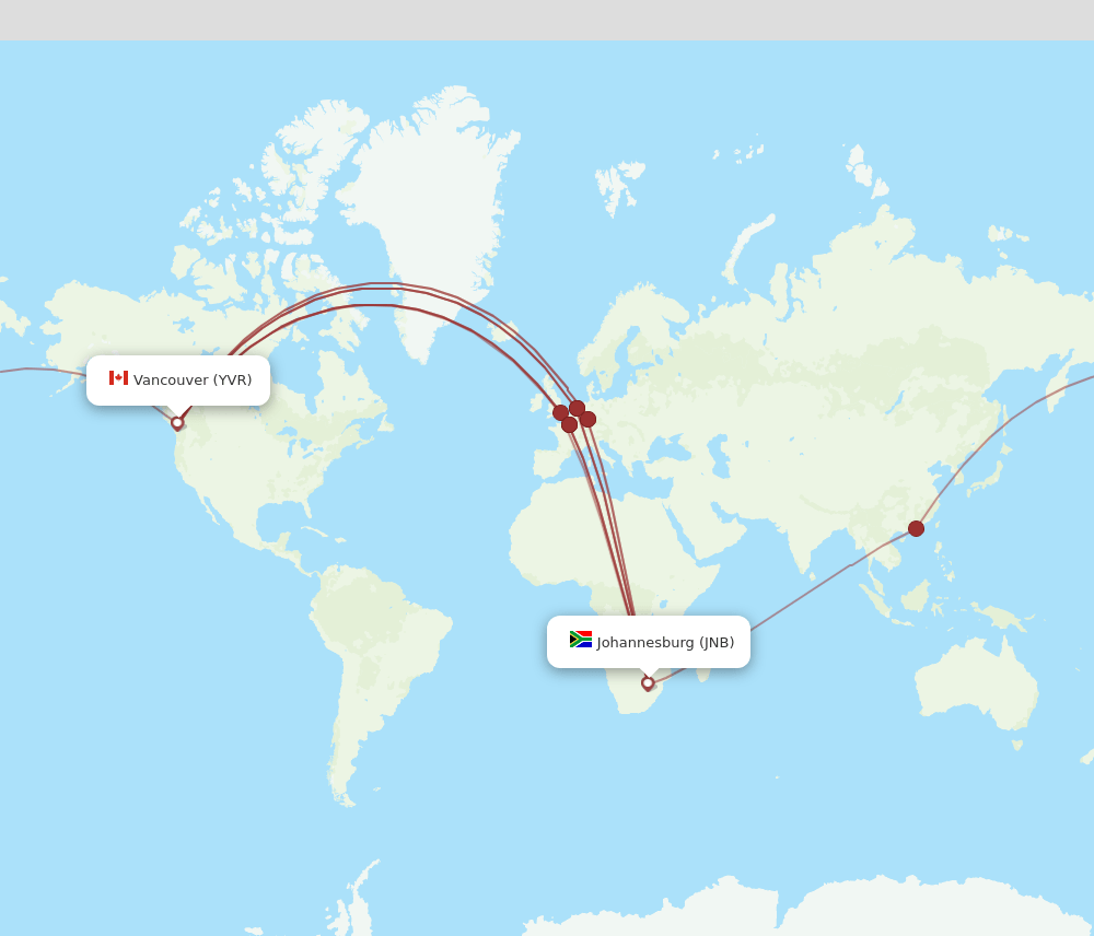 Vancouver - Johannesburg route map and flight paths