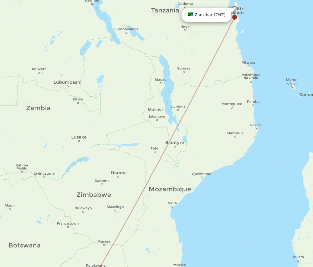 Zanzibar - Johannesburg route map and flight paths
