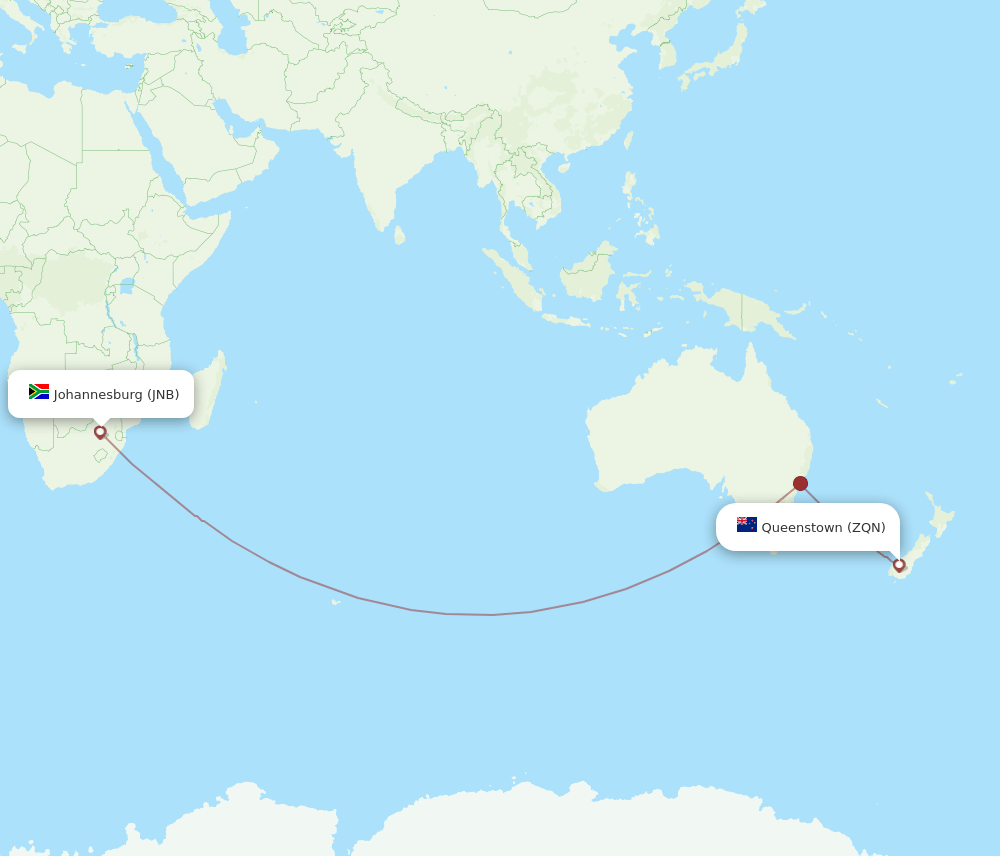 Queenstown - Johannesburg route map and flight paths