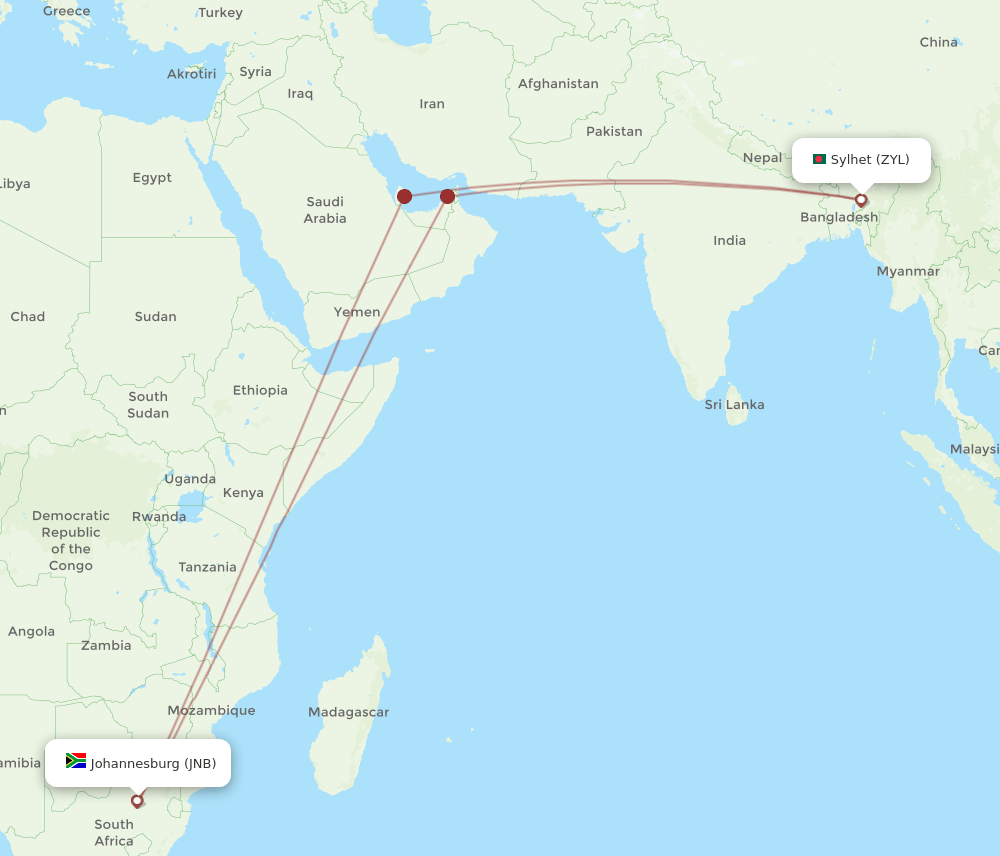 Sylhet - Johannesburg route map and flight paths