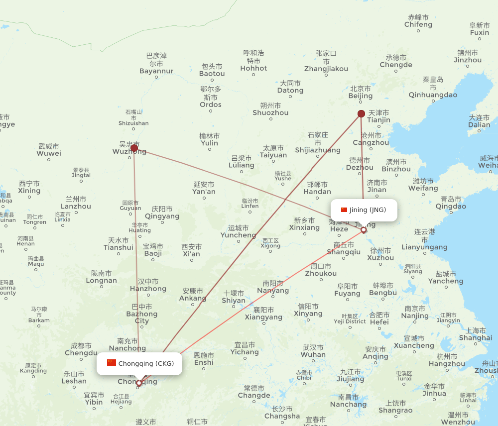 JNG to CKG flights and routes map