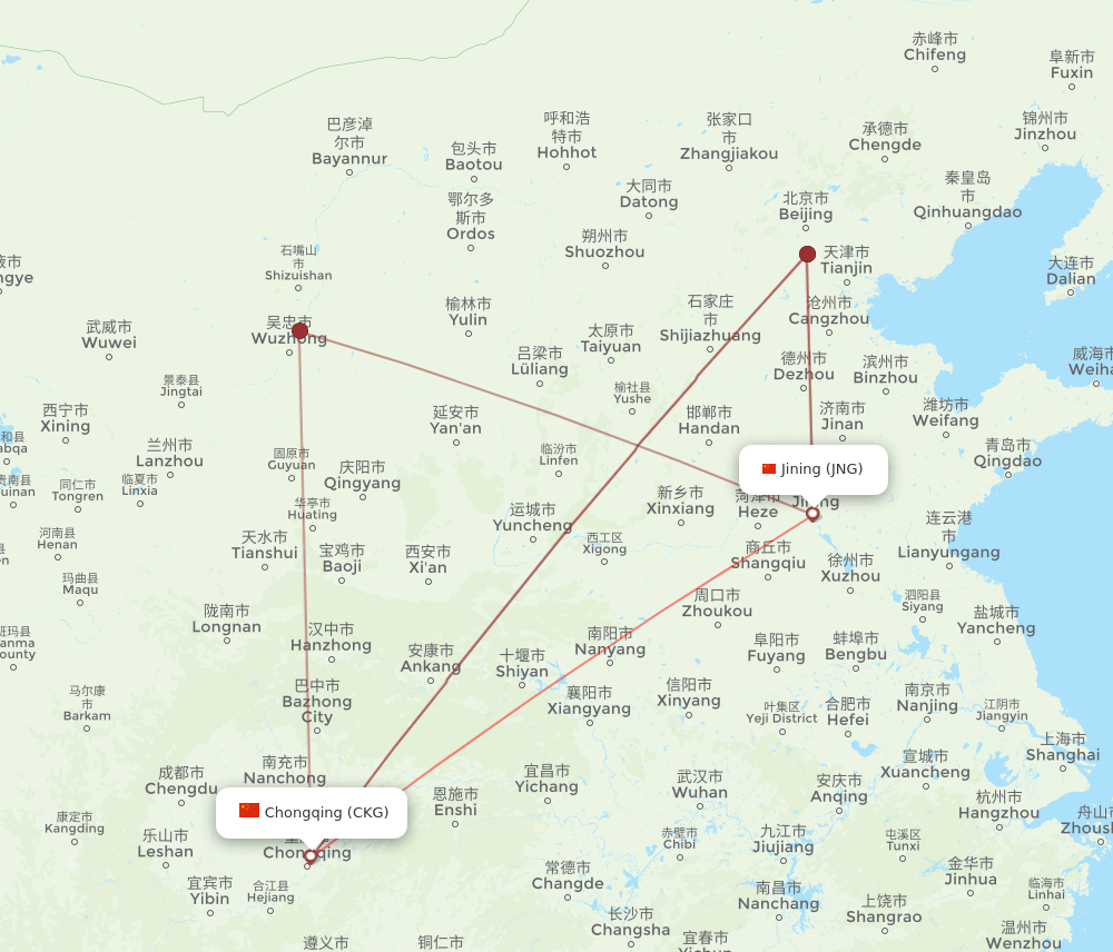 Jining - Chongqing route map and flight paths