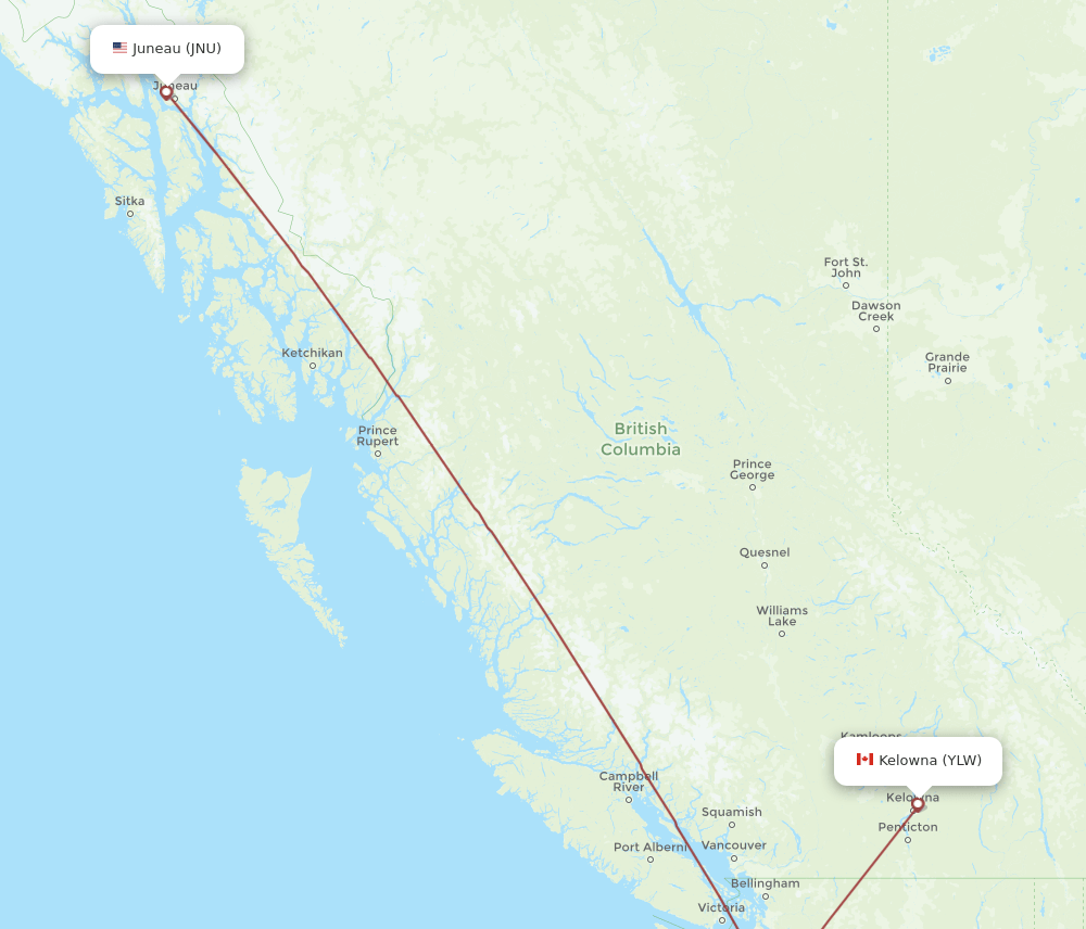 JNU to YLW flights and routes map