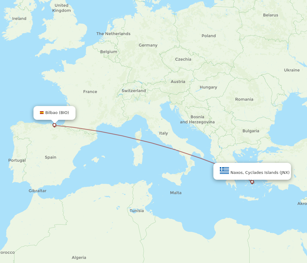 Bilbao - Naxos, Cyclades Islands route map and flight paths