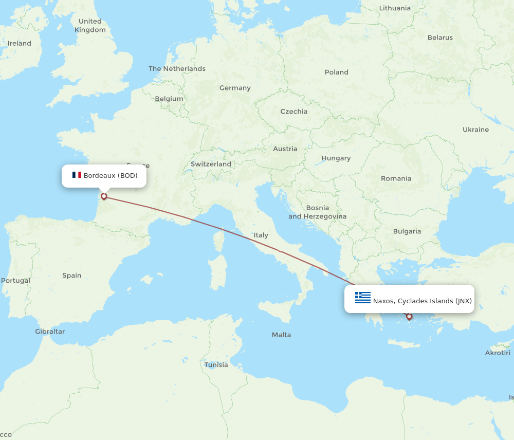 Bordeaux - Naxos, Cyclades Islands route map and flight paths