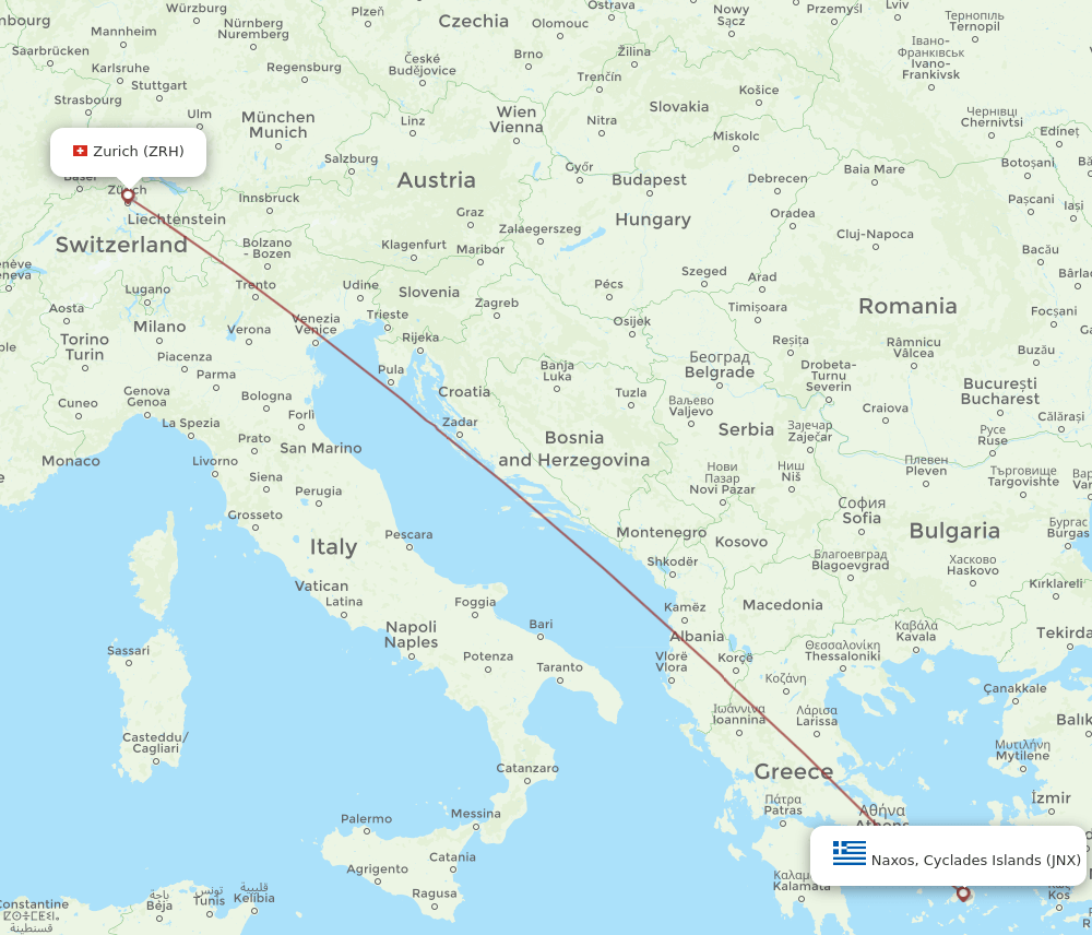 Zurich - Naxos, Cyclades Islands route map and flight paths