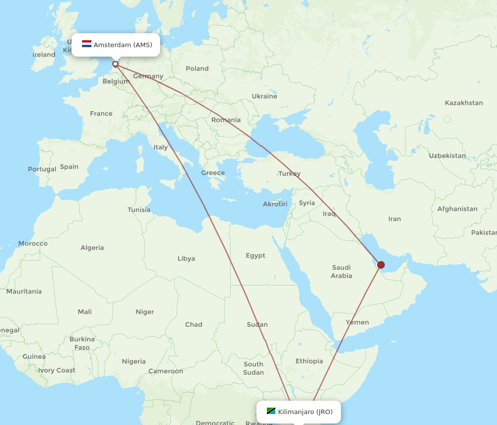 JRO-AMS flight routes