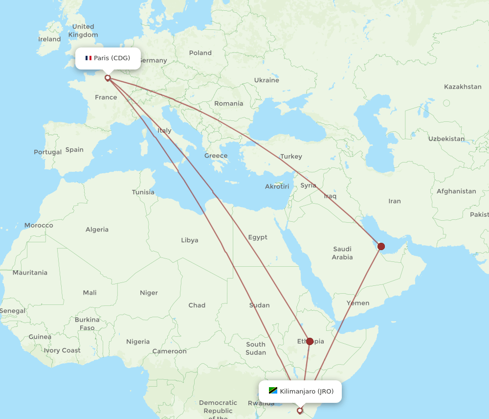 JRO-CDG flight routes