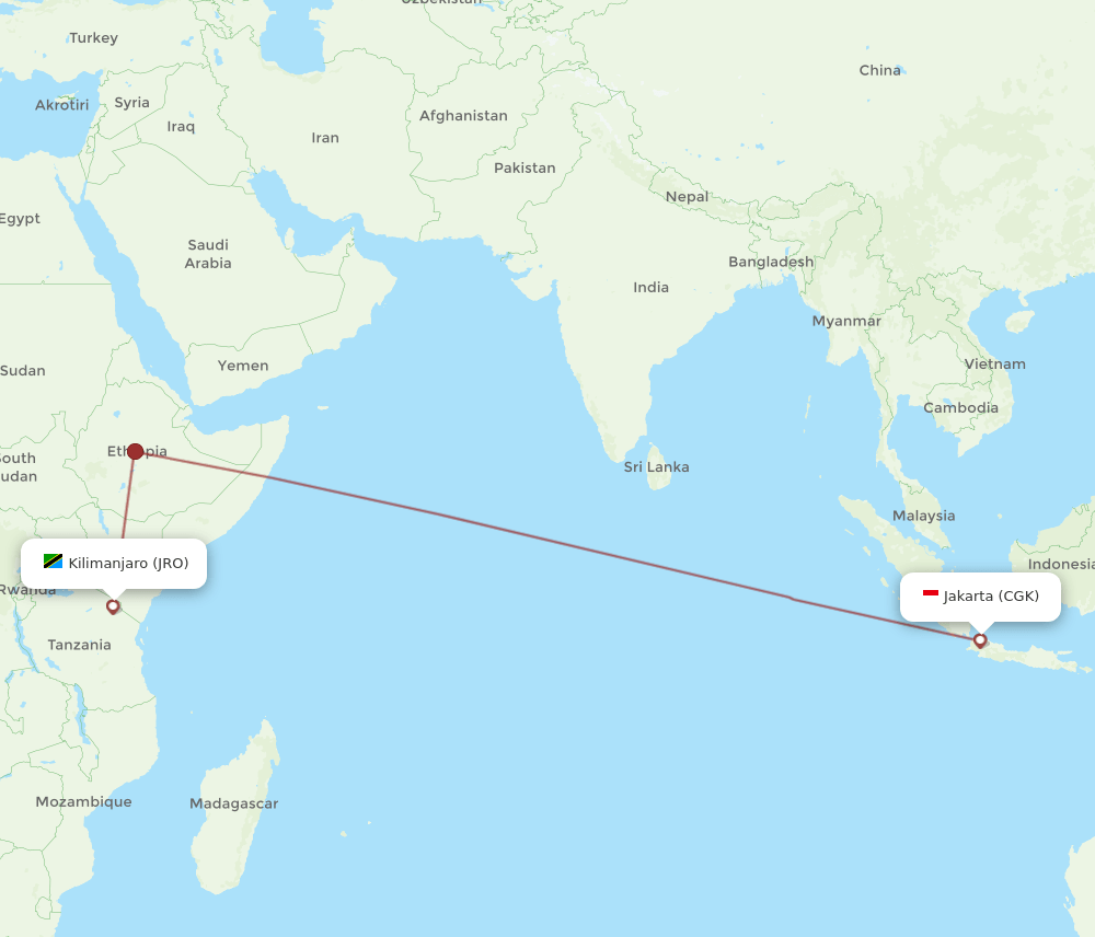 Jakarta - Kilimanjaro route map and flight paths