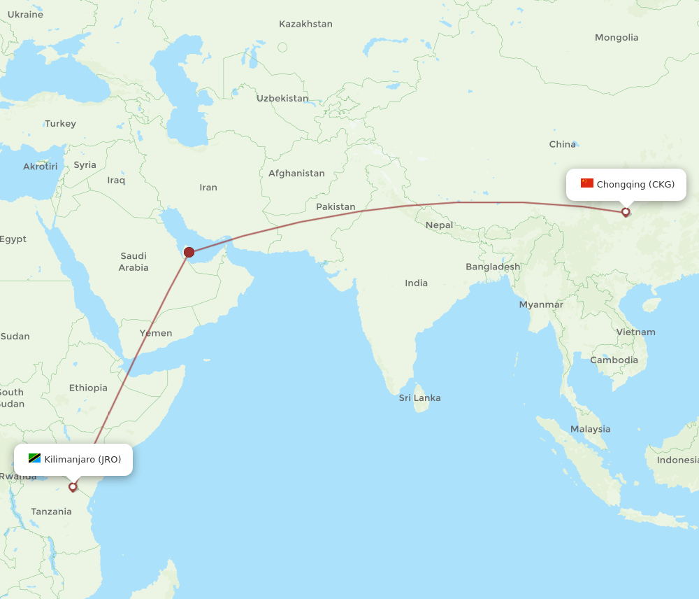 Chongqing - Kilimanjaro route map and flight paths
