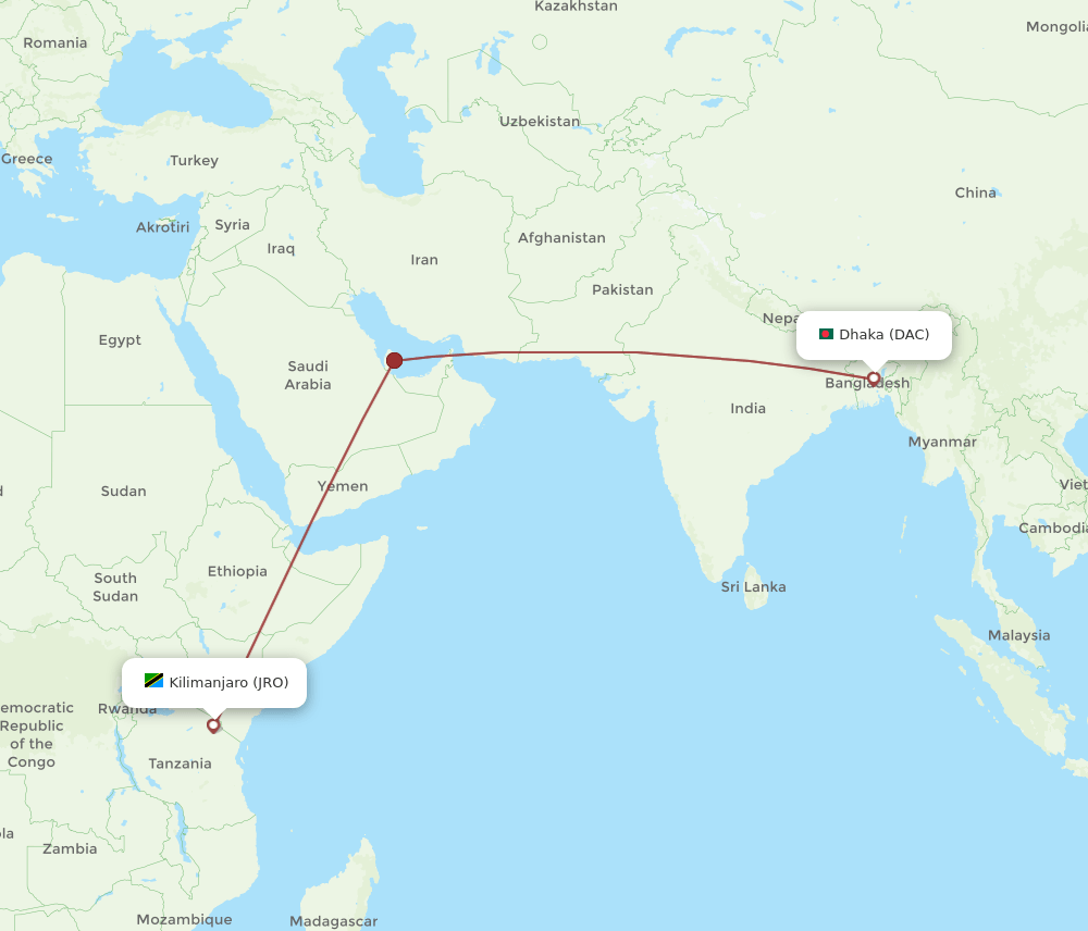 JRO to DAC flights and routes map