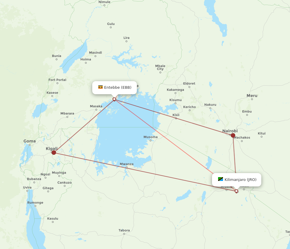 JRO to EBB flights and routes map