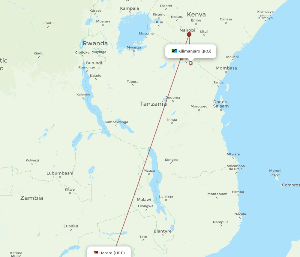 JRO to HRE flights and routes map