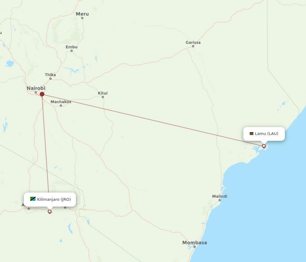 Lamu - Kilimanjaro route map and flight paths