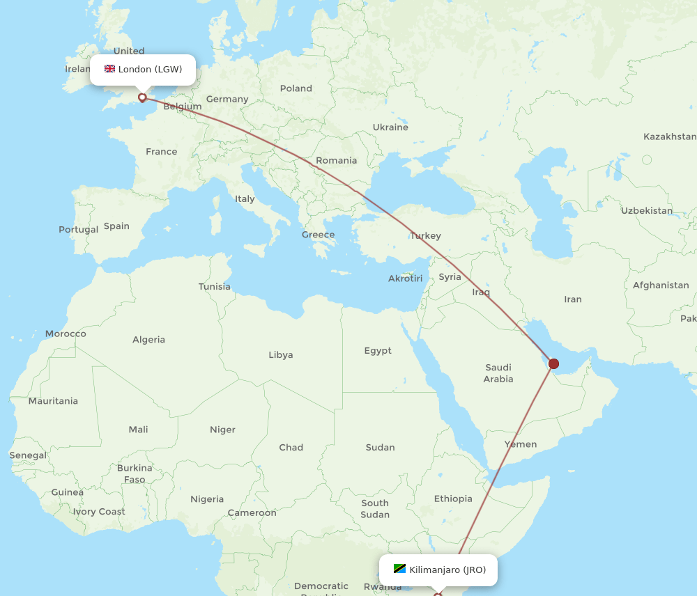 JRO-LGW flight routes