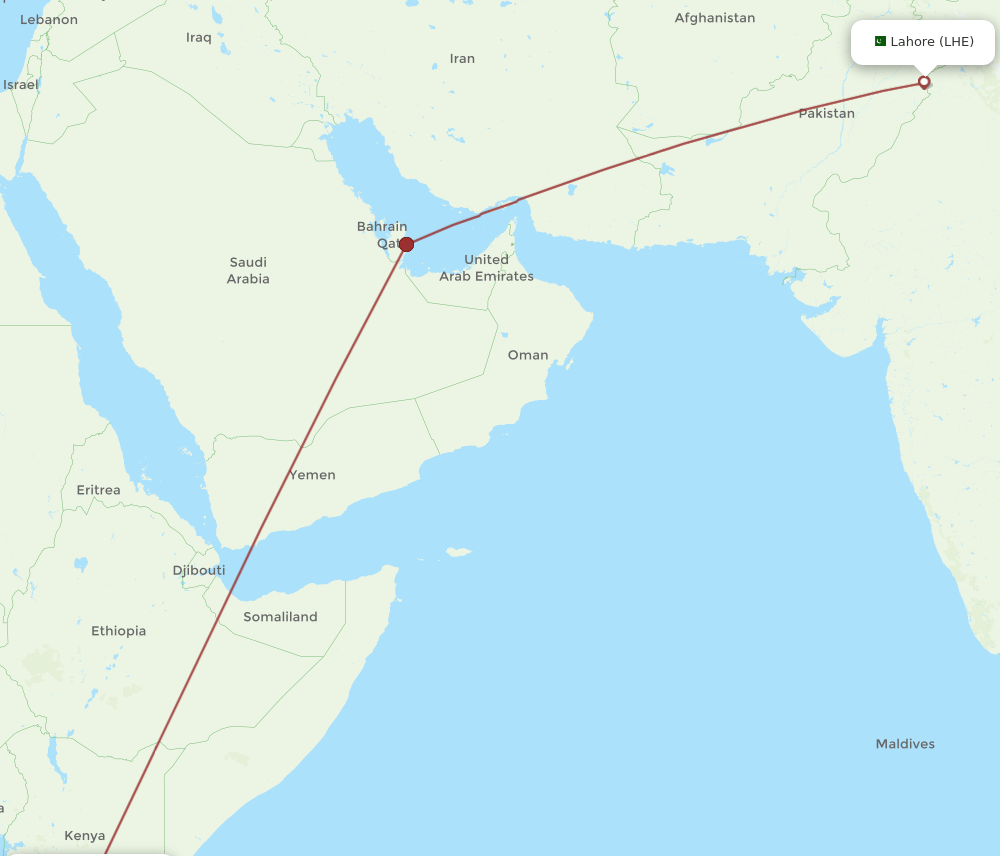 JRO to LHE flights and routes map