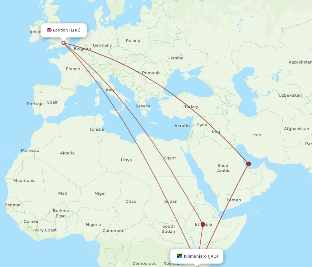 JRO-LHR flight routes