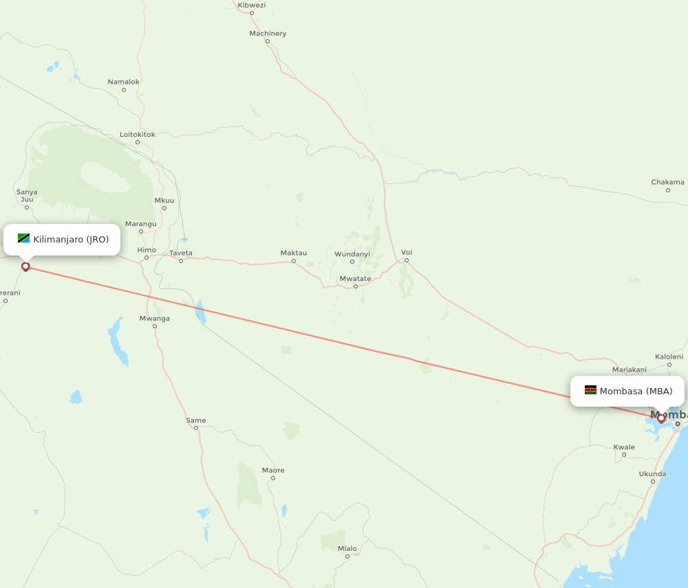 Kilimanjaro - Mombasa route map and flight paths
