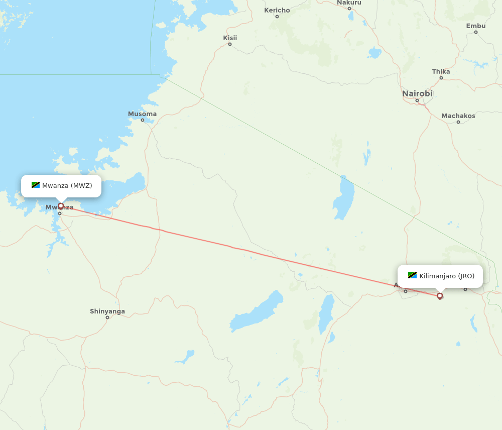 Kilimanjaro - Mwanza route map and flight paths