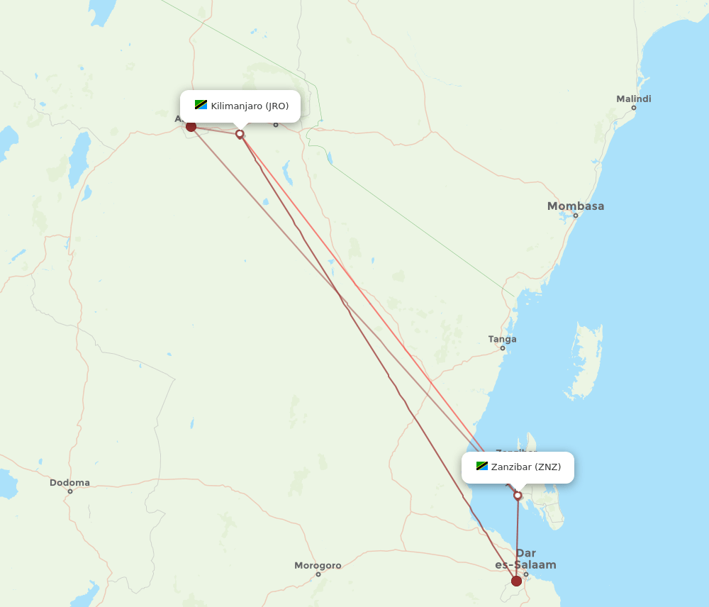 JRO to ZNZ flights and routes map