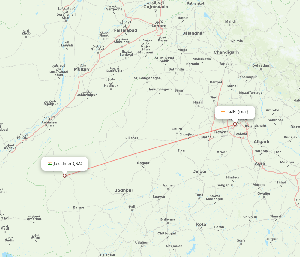 Jaisalmer - Delhi route map and flight paths