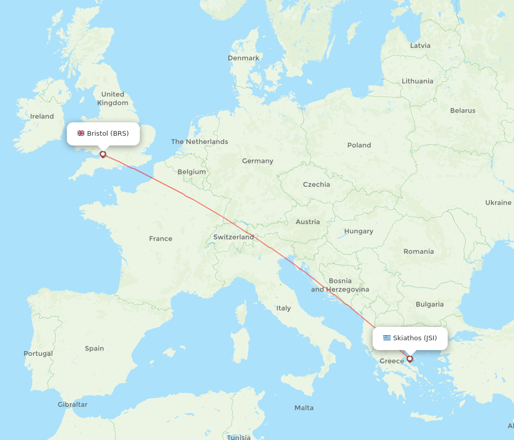 Skiathos - Bristol route map and flight paths