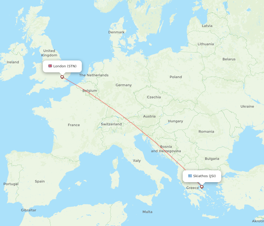 JSI to STN flights and routes map