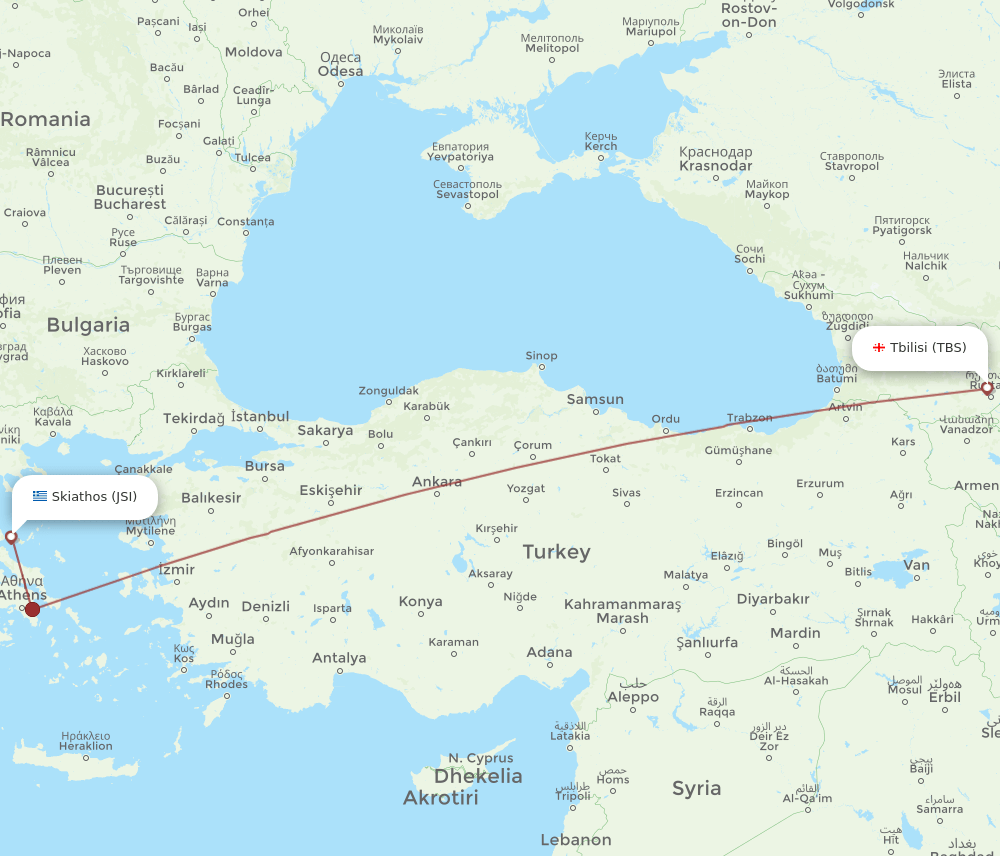 Tbilisi - Skiathos route map and flight paths